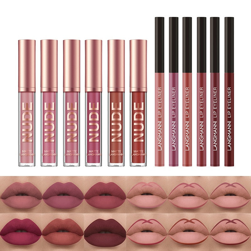 Matte Lip Gloss & Liner Set – 12 Pieces
