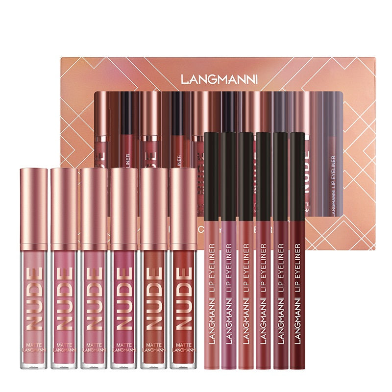 Matte Lip Gloss & Liner Set – 12 Pieces
